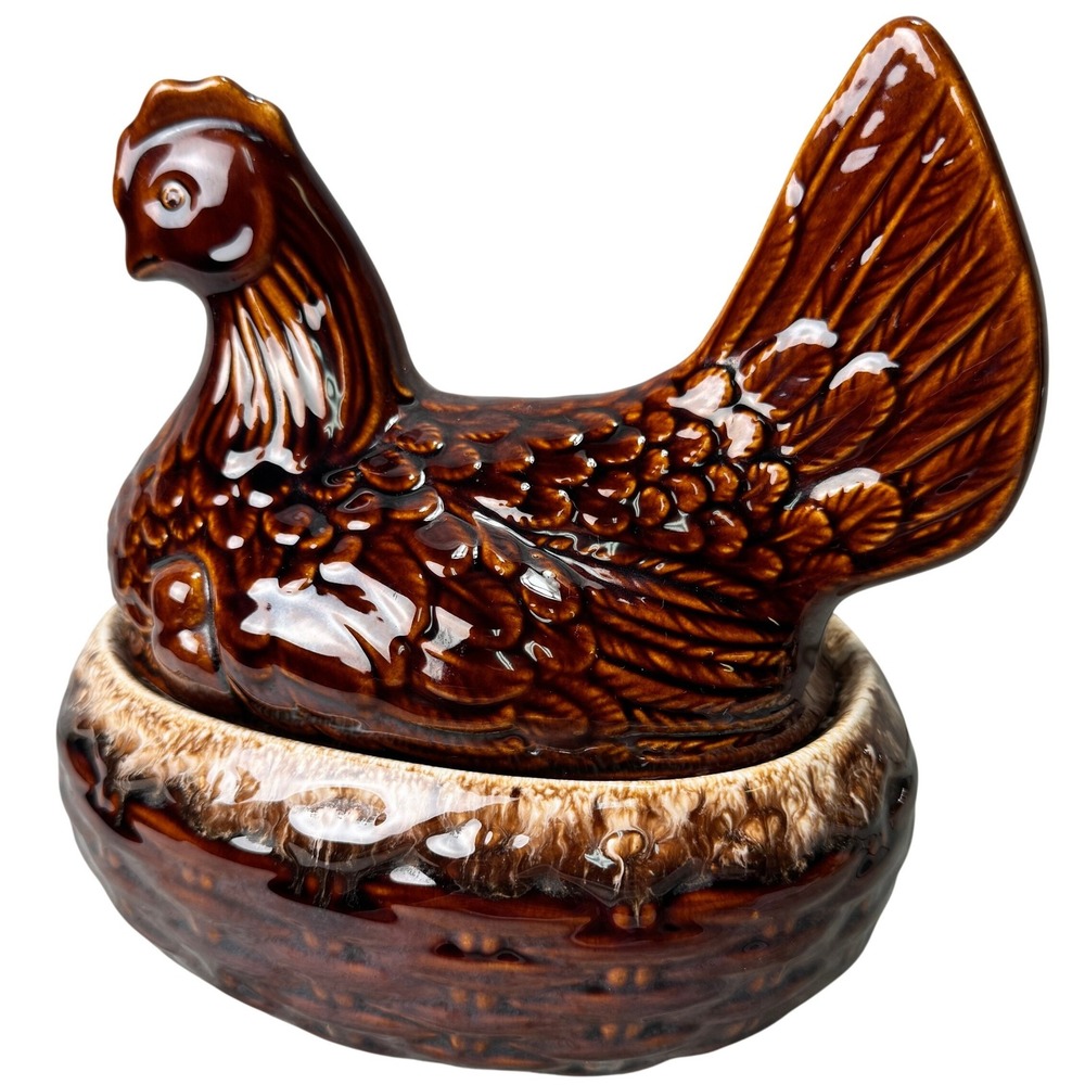 Vintage Hull Pottery Brown Drip Hen on Nest Covered Casserole Dish USA - Picture 8 of 16